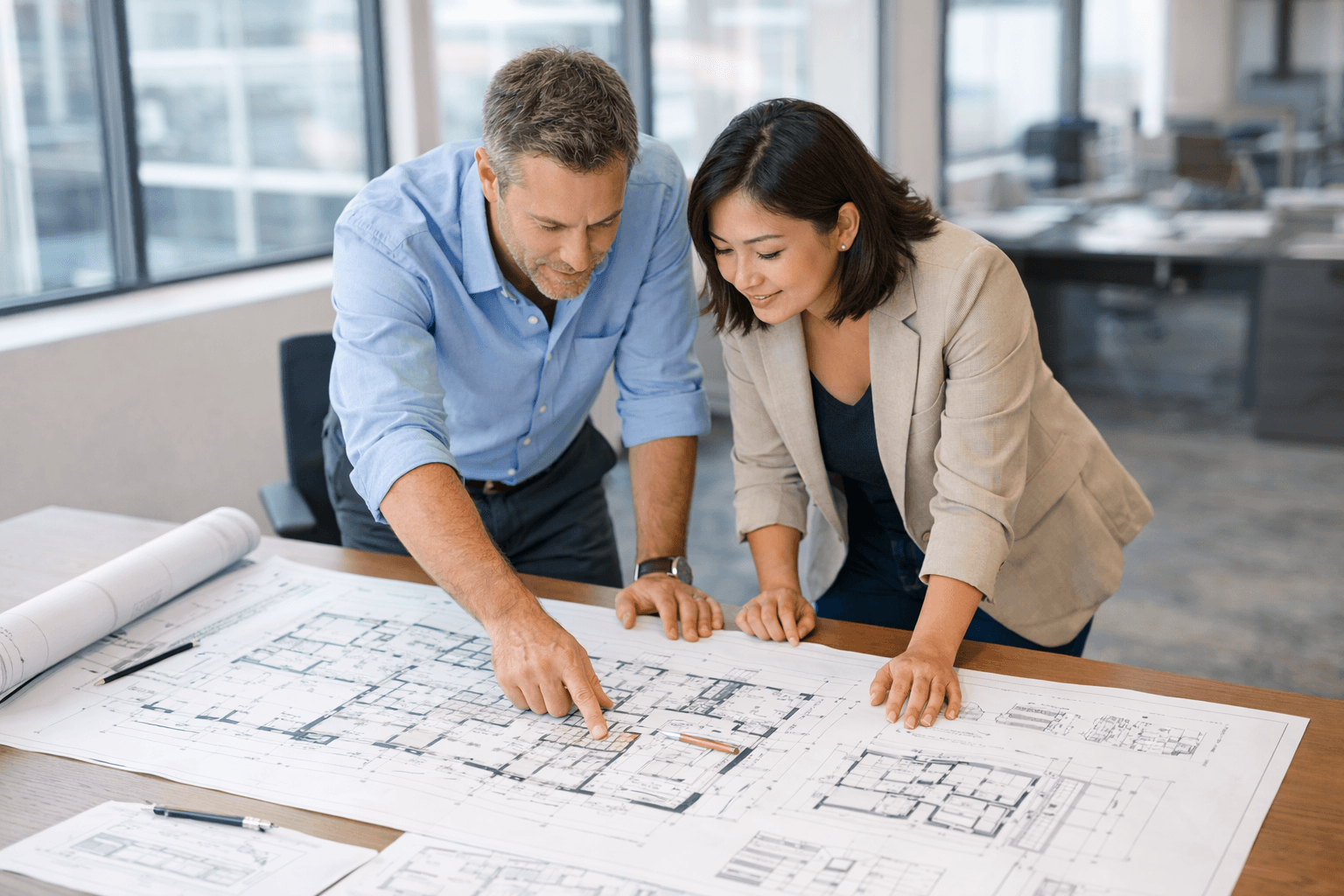 Two professionals reviewing architectural floor plans together